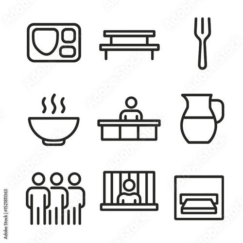 Prison Meal Icon Set. Outline icon set of prison meals: food tray, mess hall table, steel fork, soup bowl, cafeteria line, water