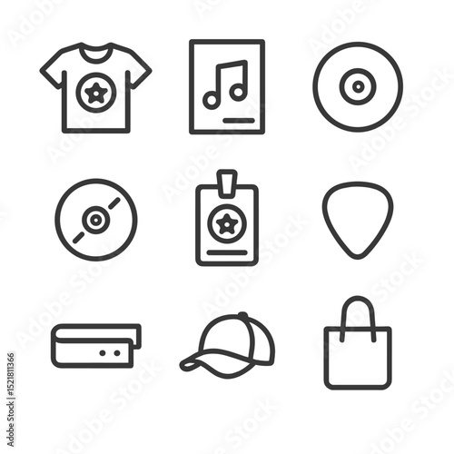 Concert Merch Icons. Outline icon set of concert merchandise: T-shirt, poster, vinyl record, CD, tour badge, guitar pick,