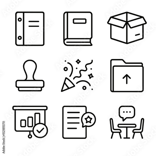 Project Closure Icons. Outline icon set of project closure and evaluation: final report binder, lessons learned book, project