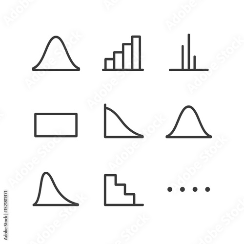 Probability Distribution Icons. Outline icon set of probability distributions: normal curve, binomial bars, Poisson spikes,