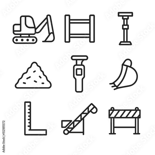 Excavation Equipment Icons. Outline icon set of excavation and trenching: backhoe, trench box, shoring prop, spoil pile, utility