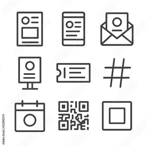 Promotional Icon Set. Outline icon set of promotional materials: event flyer, social media post, email newsletter, poster stand,