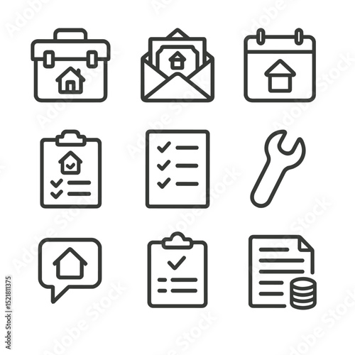 Property Management Icons. Outline icon set of property management: maintenance toolbox, rent payment envelope, calendar reminder,