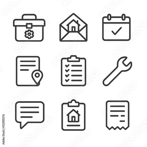 Property Management Icons. Outline icon set of property management: maintenance toolbox, rent payment envelope, calendar reminder,