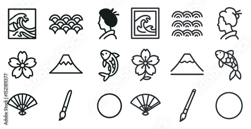 Japanese cultural icons with waves and cherry blossoms for design themes
