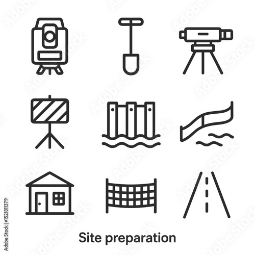Construction Site Icons. Outline icon set of site preparation: survey equipment, soil sampler, leveling instrument, traffic
