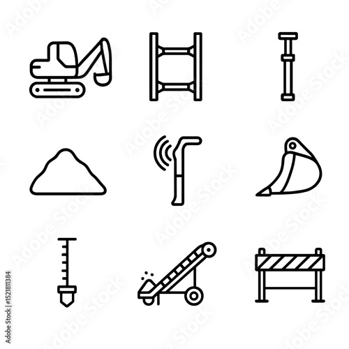 Excavation Equipment Icons. Outline icon set of excavation and trenching: backhoe, trench box, shoring prop, spoil pile, utility