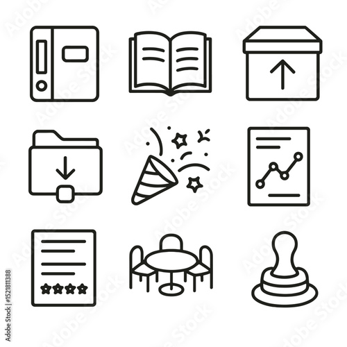 Project Closure Icons. Outline icon set of project closure and evaluation: final report binder, lessons learned book, project