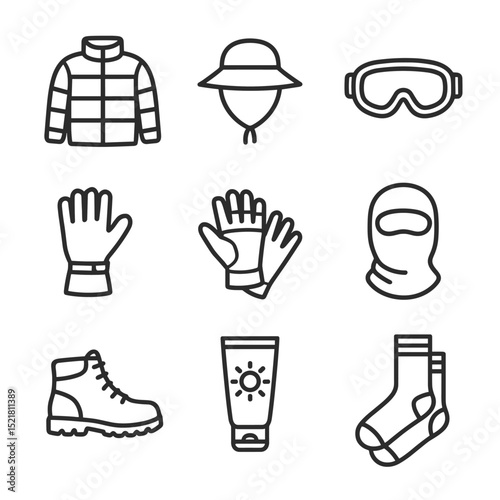 Protective Gear Icons. Outline icon set of protective gear: insulated jacket, sun hat, goggles, mountaineering gloves, hiking