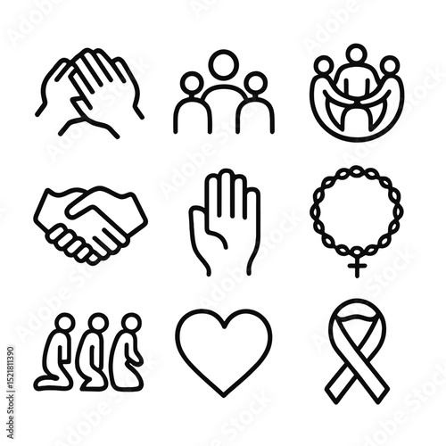 Family Support Icons. Outline icon set of family blessings and community support: joined hands, family group, community circle,