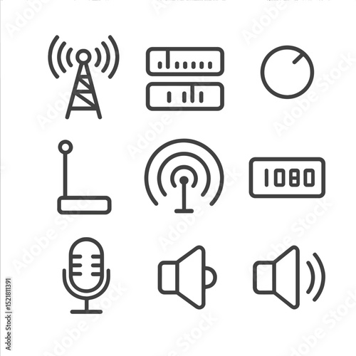 Radio Icon Grid. Outline icon set of radio broadcasting: radio tower, FM dial, AM dial, tuning knob, antenna, radio wave, station