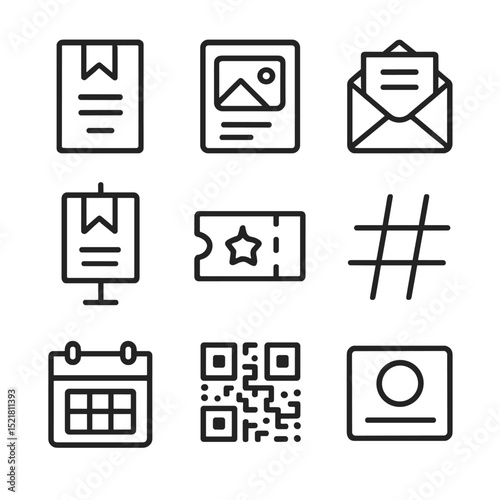 Promotional Icon Set. Outline icon set of promotional materials: event flyer, social media post, email newsletter, poster stand,