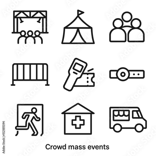 Event Icons Collection. Outline icon set of crowd mass events: concert stage, festival tent, audience silhouette, security barrier