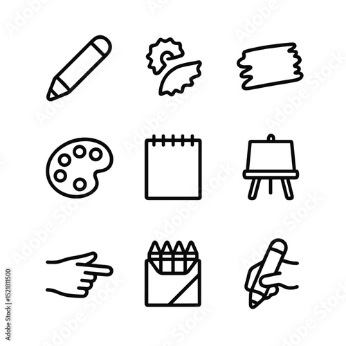 Crayon Art Tools Icons. Outline icon set of crayon art tools and textures: crayon stick, sharpener shavings, smudge smear, color