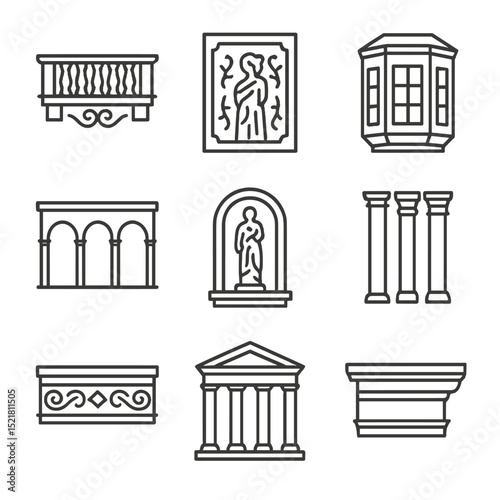 Renaissance Palace Icon Set. Outline icon set of Renaissance palace features: ornate balcony, fresco panel, bay window, loggia