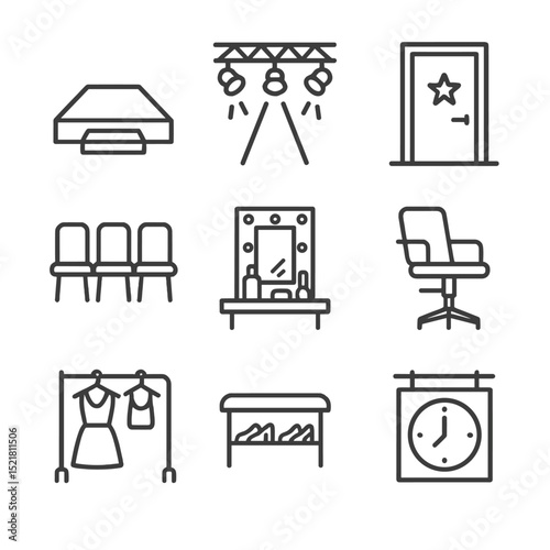 Fashion Show Prep Icons. Outline icon set of runway show prep: catwalk stage, stage lights, front row seats, backstage door,