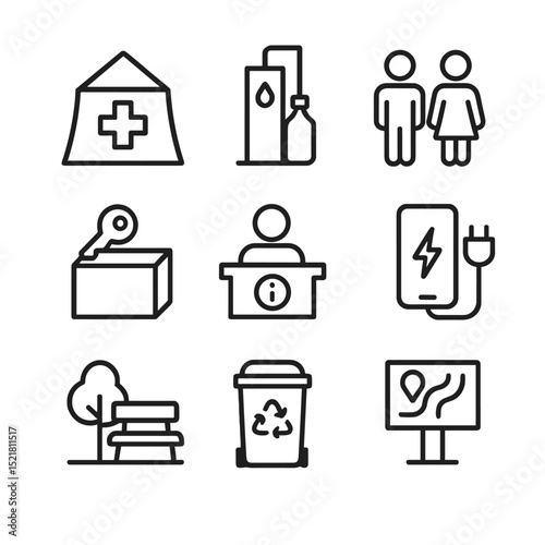 Festival Amenity Icons. Outline icon set of festival amenities: first aid tent, water refill station, restrooms, lost & found box,