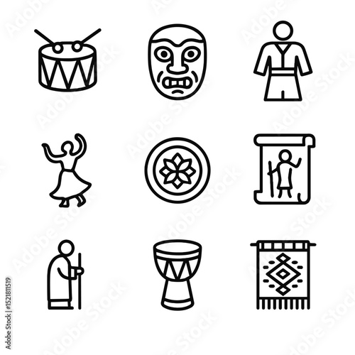 Cultural Folklore Icons. Outline icon set of cultural folklore performances: drum, mask icon, traditional costume, folk dancer