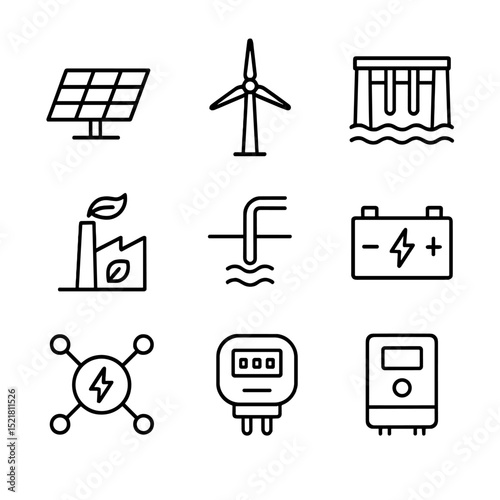 Renewable Energy Icons. Outline icon set of renewable energy adoption: solar panel, wind turbine, hydro dam, biomass plant,