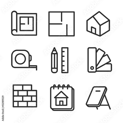 Renovation Planning Icons. Outline icon set of renovation planning and design: blueprint, floor plan, 3D model, measuring tape,