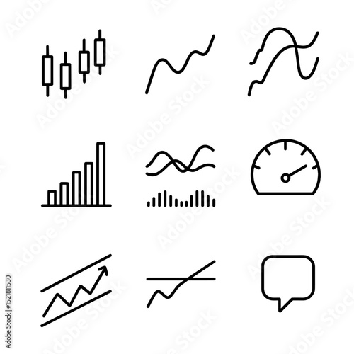 Financial Icons Set. Outline icon set of financial trend smoothing: candlestick chart, moving average line, Bollinger bands,