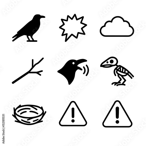 Crow and Raven Icons. Outline icon set of crow and raven calls: crow silhouette, raucous bubble, tree branch, dark cloud, echo