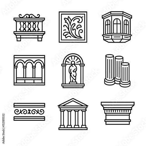 Renaissance Palace Icon Set. Outline icon set of Renaissance palace features: ornate balcony, fresco panel, bay window, loggia