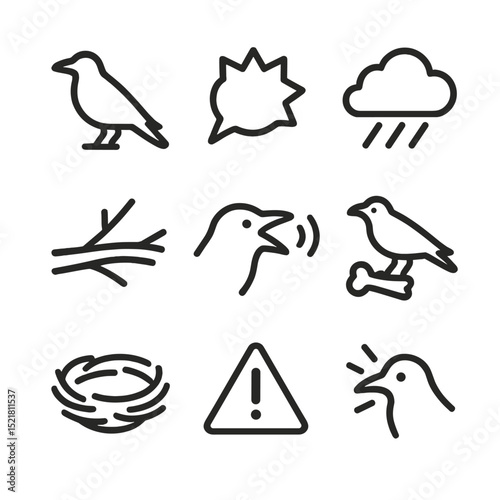 Crow and Raven Icons. Outline icon set of crow and raven calls: crow silhouette, raucous bubble, tree branch, dark cloud, echo