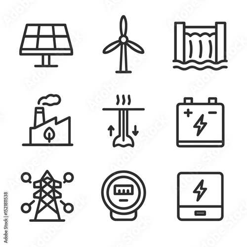 Renewable Energy Icons. Outline icon set of renewable energy adoption: solar panel, wind turbine, hydro dam, biomass plant,