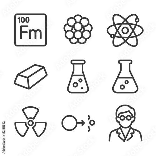 Fermium Icon Set. Outline icon set of the 100th chemical element (Fermium): periodic table cell, atomic nucleus, electron orbit,