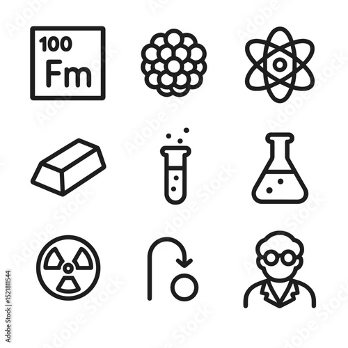 Fermium Icon Set. Outline icon set of the 100th chemical element (Fermium): periodic table cell, atomic nucleus, electron orbit,