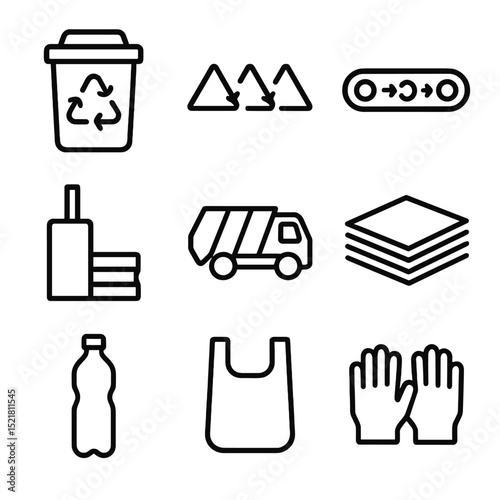 Recycling Icons Grid. Outline icon set of recycling collection station: recycling bin, separation symbols, conveyor belt,