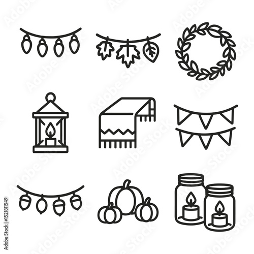 Festive Decoration Icons. Outline icon set of festive decorations: string lights, autumn garland, leaf wreath, candle lantern,