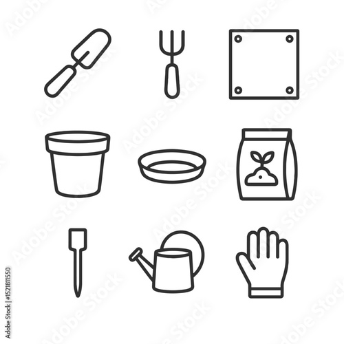 Repotting Essentials Icons. Outline icon set of repotting essentials: hand trowel, root rake, tarp sheet, new pot, saucer, fresh