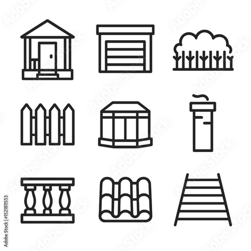 Residential Features Icons. Outline icon set of residential features: front porch, garage door, garden hedge, picket fence, window