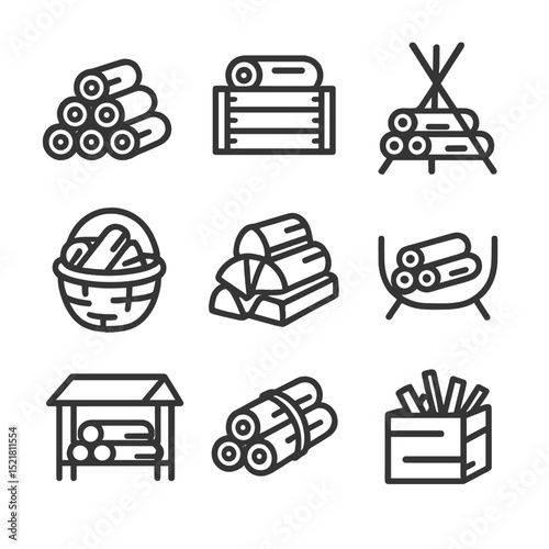 Firewood Storage Icons. Outline icon set of firewood storage: log pile, wood crate, tripod rack, basket, split log stack, log