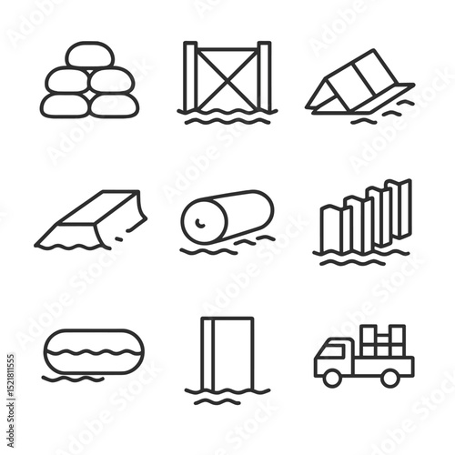 Flood Barrier Icons. Outline icon set of flood barrier systems: sandbag wall, floodgate, portable dam, levee, inflatable tube,