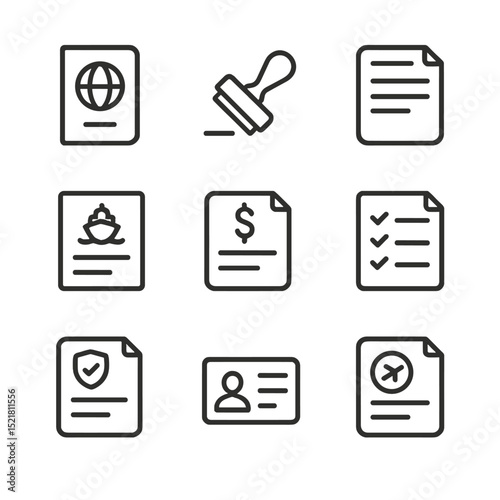 Customs Icon Set. Outline icon set of customs documentation: passport, visa stamp, declaration form, bill of lading, invoice,