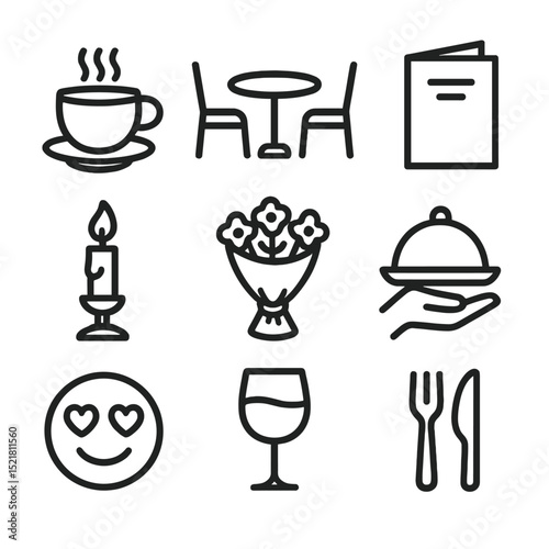 First Date Icons. Outline icon set of First date: coffee cup, table for two, menu, candle, bouquet, waiter tray, heart eyes, wine