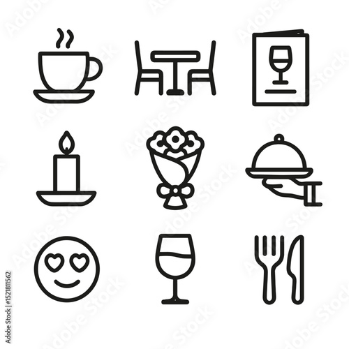 First Date Icons. Outline icon set of First date: coffee cup, table for two, menu, candle, bouquet, waiter tray, heart eyes, wine