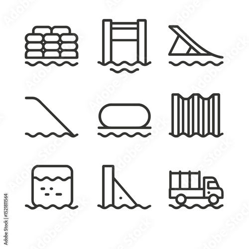 Flood Barrier Icons. Outline icon set of flood barrier systems: sandbag wall, floodgate, portable dam, levee, inflatable tube,