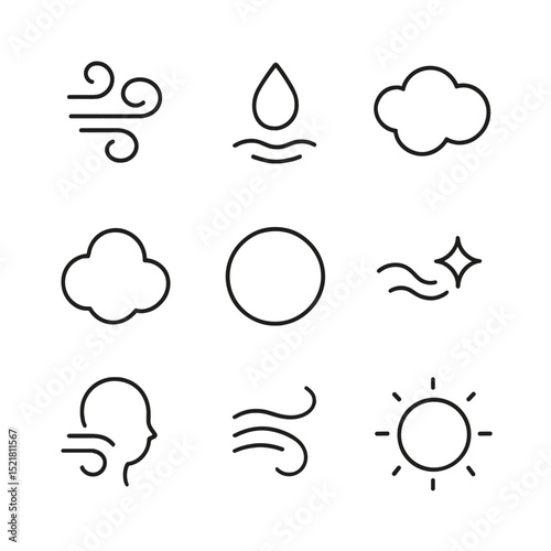 Foggy Aura Icons. Outline icon set of foggy aura elements: swirling mist, floating droplet, vapor wave, haze cloud, aura ring,