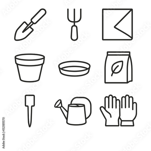 Repotting Essentials Icons. Outline icon set of repotting essentials: hand trowel, root rake, tarp sheet, new pot, saucer, fresh