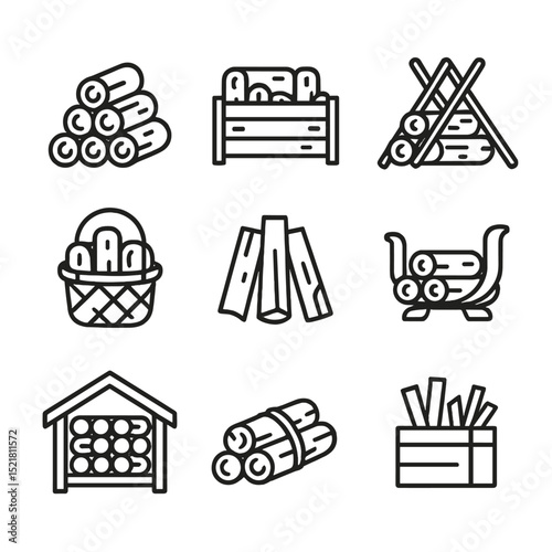 Firewood Storage Icons. Outline icon set of firewood storage: log pile, wood crate, tripod rack, basket, split log stack, log
