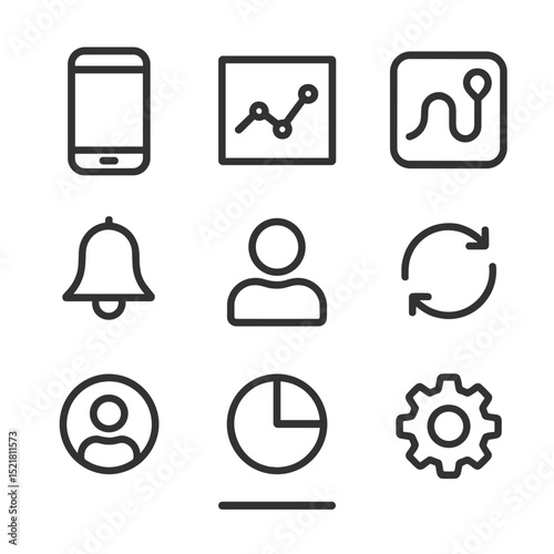 Fitness App Icons. Outline icon set of fitness tracking app UI: smartphone screen, line graph, route map, notification bell, sync