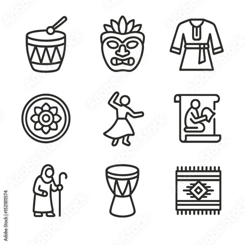Cultural Folklore Icons. Outline icon set of cultural folklore performances: drum, mask icon, traditional costume, folk dancer