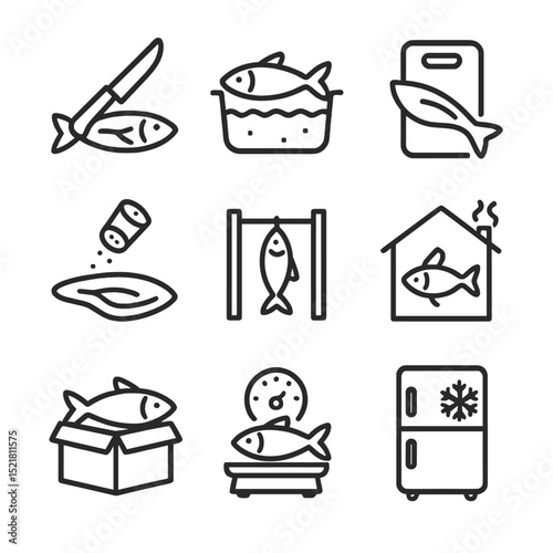 Fish Processing Icons. Outline icon set of fish processing steps: gutting knife, cleaning tub, fillet board, salt shaker, drying