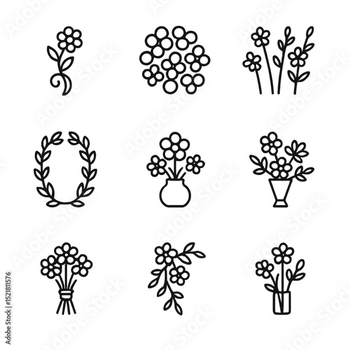 Floral Arrangement Icons. Outline icon set of arrangement techniques: spiral stem, mass grouping, line placement, greenery frame,