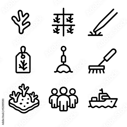 Restoration Efforts Icons. Outline icon set of restoration efforts: coral fragment, nursery frame, transplantation tool, growth