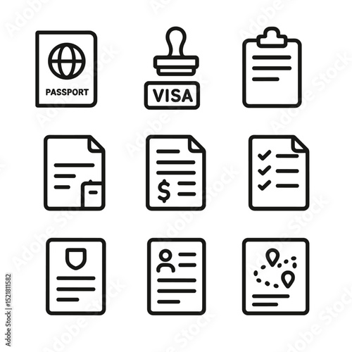 Customs Icon Set. Outline icon set of customs documentation: passport, visa stamp, declaration form, bill of lading, invoice,